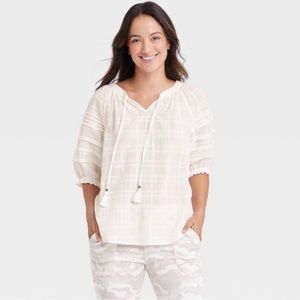 Knox Rose Women's 100% Cotton White Puff Elbow Sleeve Blouse Size M